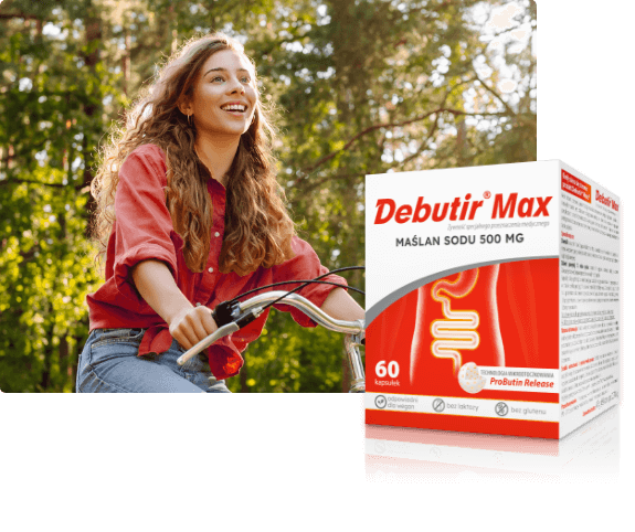 Opakowanie Debutir MAX. Dziewczyna jadąca na rowerze.